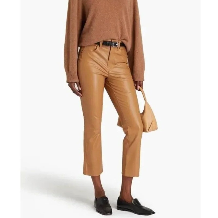 Veronica Beard Veganleather Pants Womens 24 Carly Kick Flare High Rise Tan